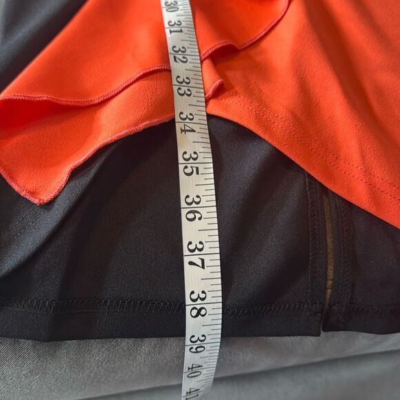 Women’s Black & Orange Asymmetrical Ruffle Midi Dress 3/4 Sleeve Zip Back Size M - Picture 8 of 14